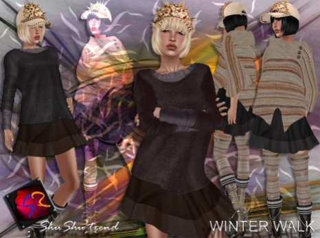 ShuShu WINTER WALK outfit - skirt shirt poncho cap w hair boots